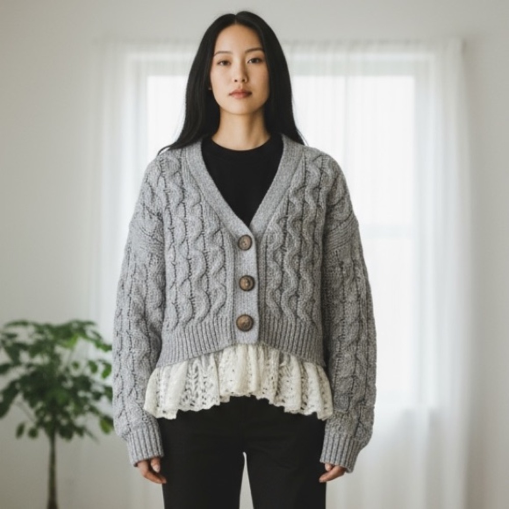 POL Gray Knit Cardigan with Cream Ruffle‎ medium